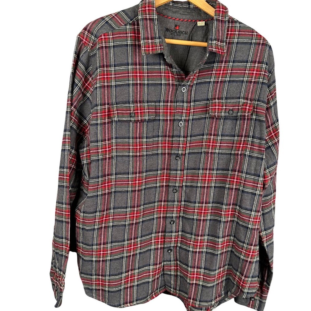 Woolrich Mens XXL Plaid Flannel Shirt Grey Red Long Sleeve Button Down Pocket